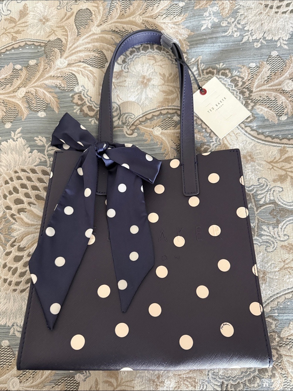 NWT Ted Baker London Polka Dot Tote Bag Scarf Bow Navy Cream - Picture 1 of 3